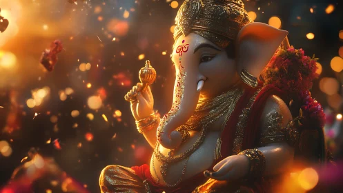 Ganesh idol in golden bokeh with warm cinematic lighting.