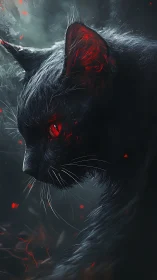 Demonic black cat portrait with glowing red embers.