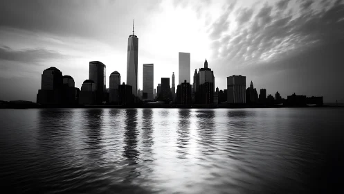 Monochrome waterfront skyline with radiant tower glow.