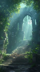 Sunlit jungle stairway through ancient stone arches.