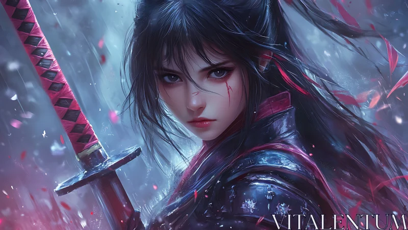 Stormlit warrior maiden locks blades with crimson dusk.