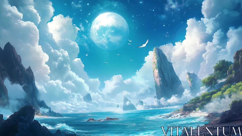 Celestial Landscape: Luminous Moon Over Coastal Cliffs