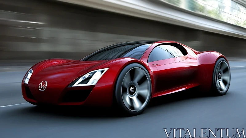 Red futuristic sports car speeding on empty city highway.