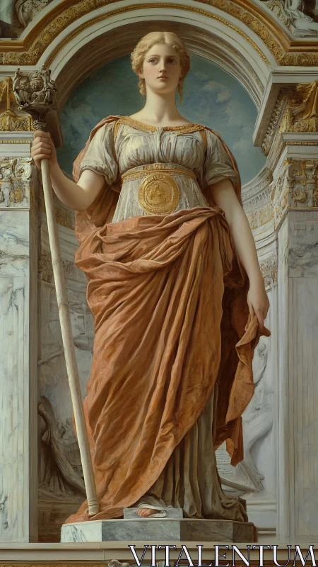 Marble-clad goddess of reason standing in silent triumph.