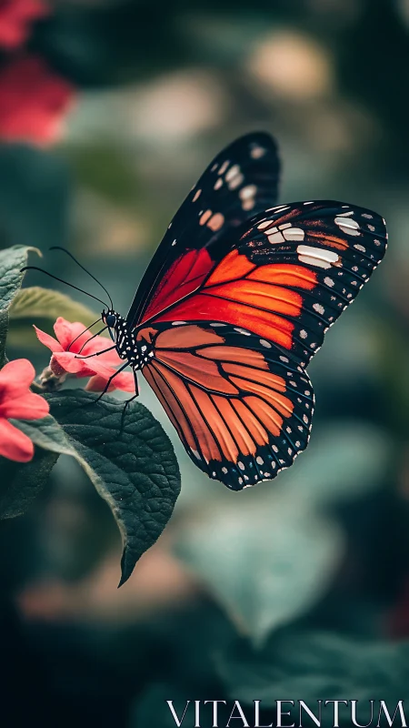 Monarch butterfly in macro profile on coral blossom perch.
