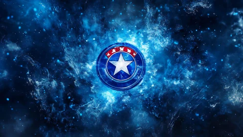 Star-forged shield ignites in electric cosmic blue storm.