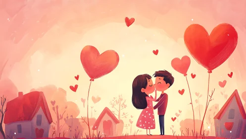 A couple shares a tender kiss surrounded by floating heart balloons.