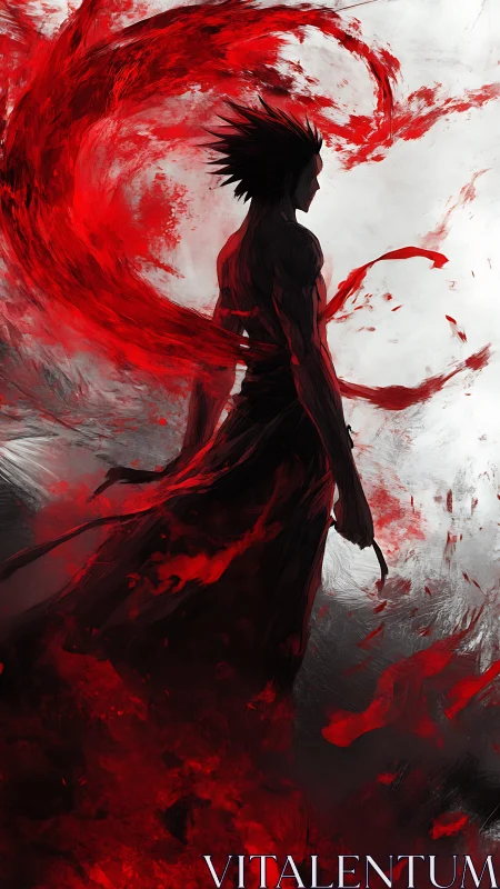 Bloodstorm warrior strides through scarlet ruptured sky.