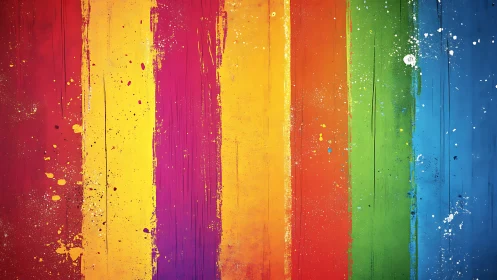 Vertical multicolor paint stripes with splatter effects on wall.