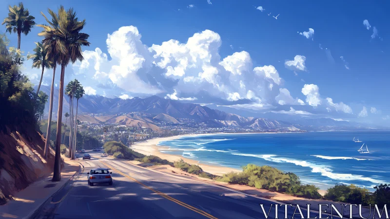 Coastal highway with palm trees, beach, mountains and clouds.