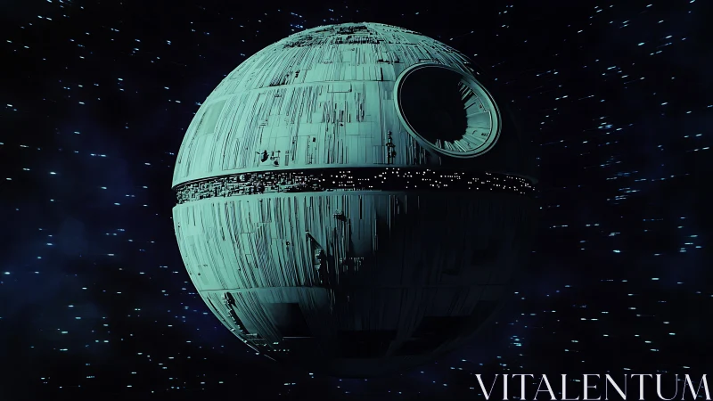 Spherical armored space station in deep starfield backdrop.