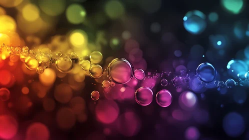 Colorful glowing bubbles on dark rainbow gradient background.