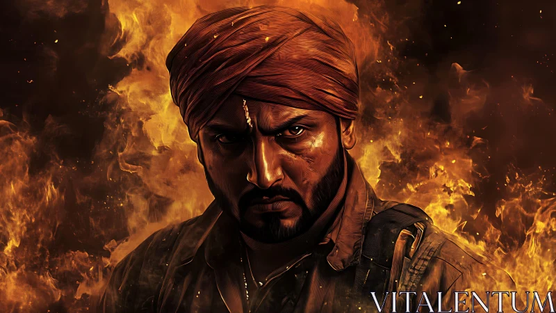 Digital warrior portrait framed by blazing firestorm.