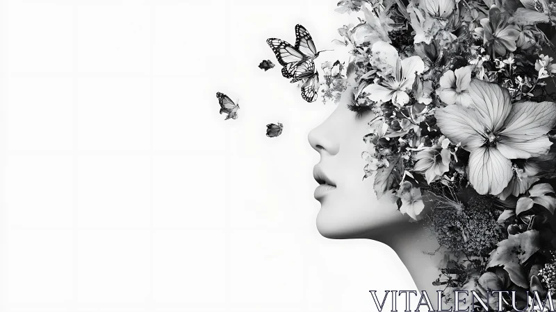 Surreal female profile merges with monochrome floral burst