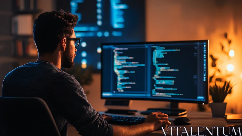 Software developer codes at dual monitors in warm studio.
