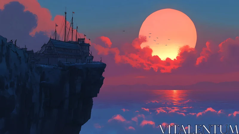 Clifftop fortress overlooks a colossal neon sunset seascape.