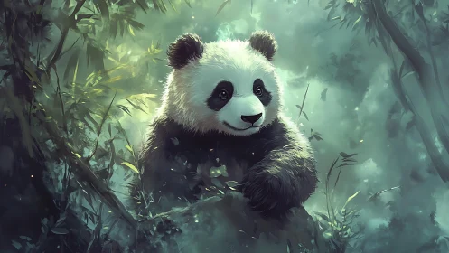 Digital panda portrait in misty bamboo forest scene.