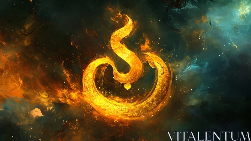 Glowing golden swirl symbol in fiery cosmic space.