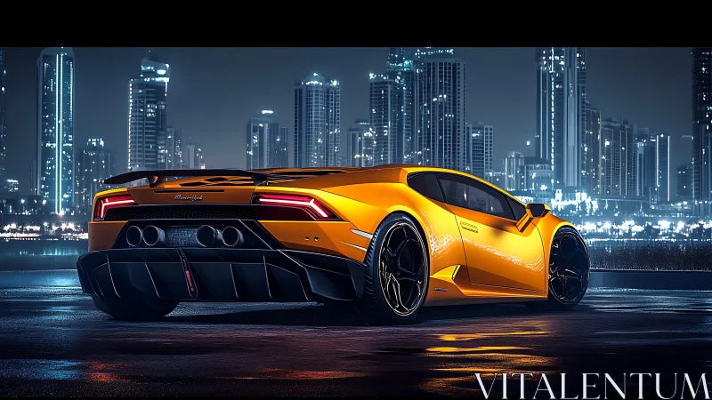 Yellow supercar parked on wet asphalt before city skyline