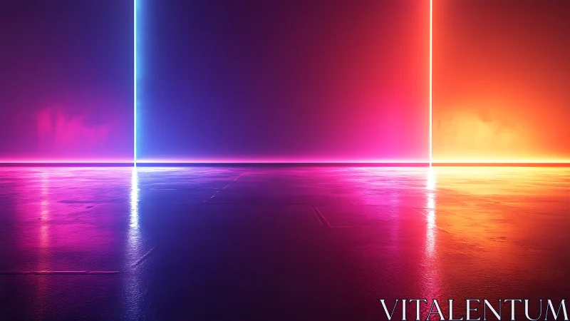 Neon vertical light panels over reflective floor surface.