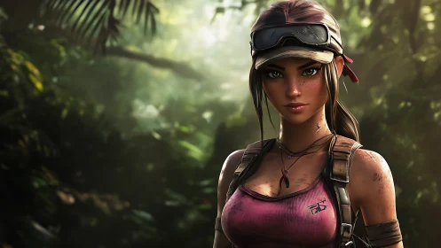 Dust-smeared jungle explorer in pink vest under dappled light.