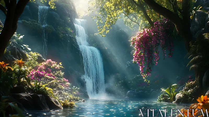 Waterfall pool in dense forest with bright floral growth.