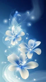 Luminescent floral composition with blue gradient background and particle effects