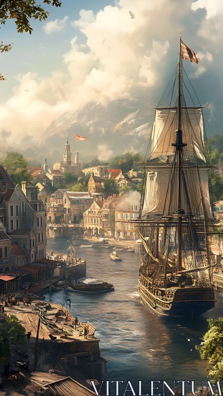 Sunlit harbor town welcoming a proud tall sailing ship.