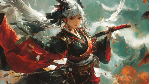 Storm-lit warrior in dynamic kimono and katana composition.