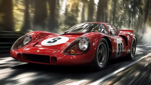 Red vintage race car moving at speed on forest road.