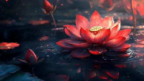 Red lotus flower with reflection in dark water pond.