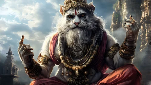 Mythic tiger deity in ornate temple environment, digital painting.