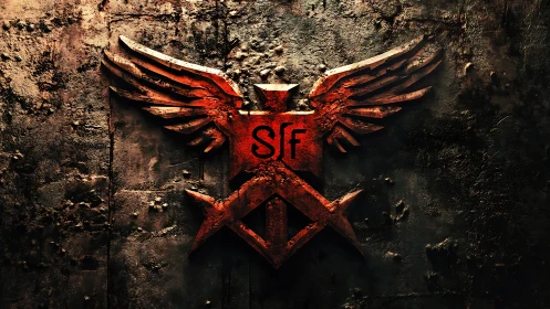 Winged red emblem with SF monogram on distressed metal wall.
