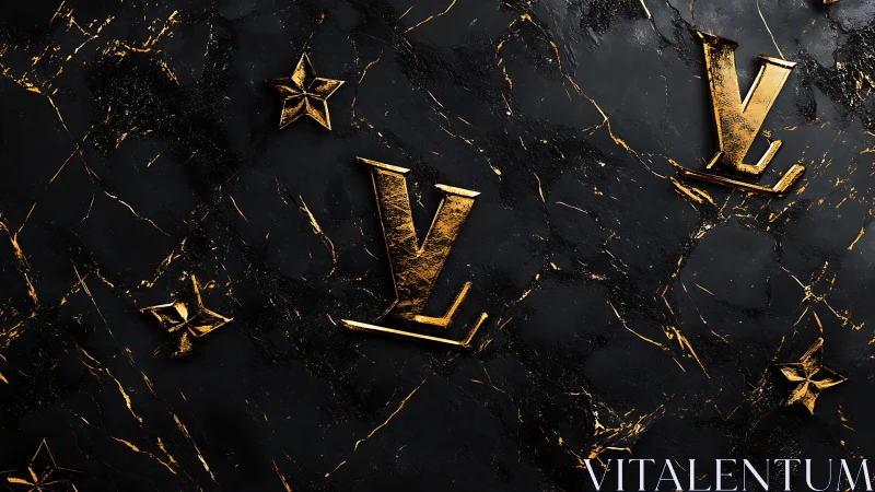 Gold initials and stars on dark marbled background.