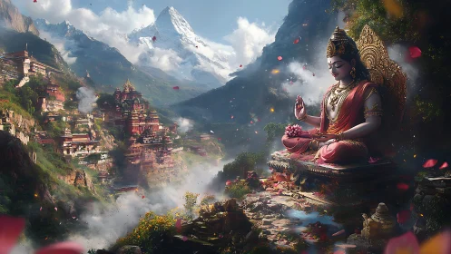 Serene mountain goddess watches over a hidden temple valley