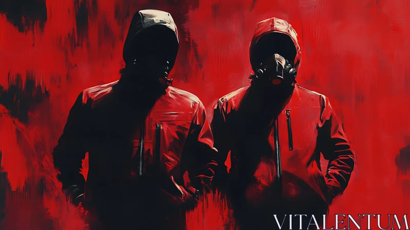 Two hooded figures stand against flat red painted backdrop