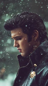 Profile study of coiffed youth in snowfall, high-fidelity render.