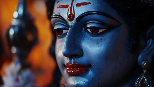 Blue-toned devotional statue face under warm bokeh light