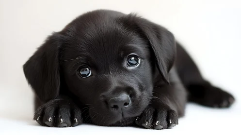 Black labrador puppy resting on white background surface