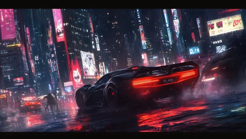 Neonstorm supercar stalking rain-slick cyber city streets.