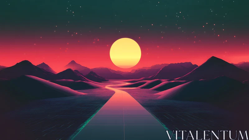 Neon horizon with solar disc over synthwave grid valley