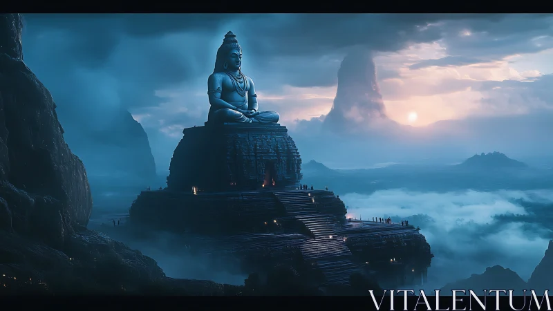 Mountain temple with colossal seated deity above clouds.