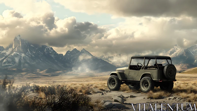 Photorealistic off-road jeep under vast alpine storm light.