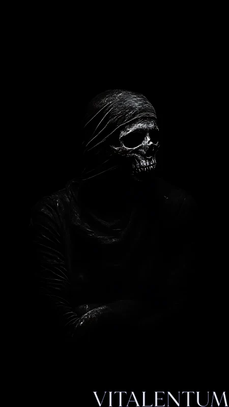 Hooded skull figure emerging from deep black shadows.