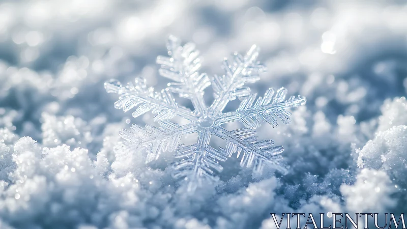 Delicate winter snowflake sparkling in soft morning light.