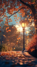 Autumn lantern glow over cobblestone path at sunset.