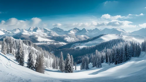 Snow-covered conifer forest across alpine mountain slopes.