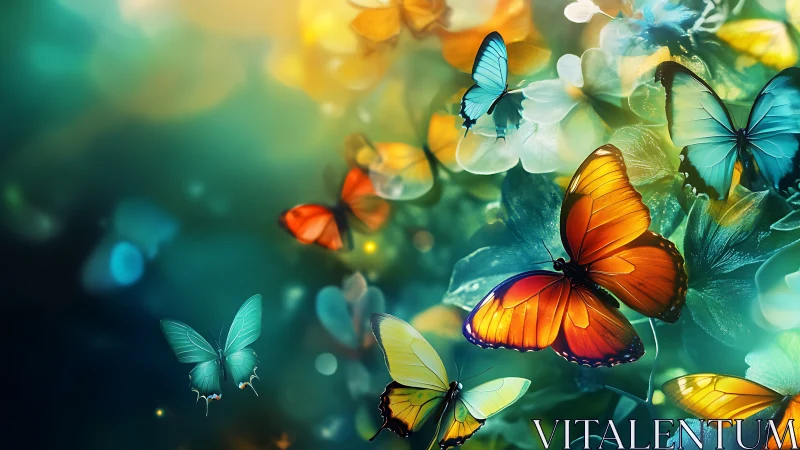 Digital painting of luminous butterflies in layered bokeh garden.