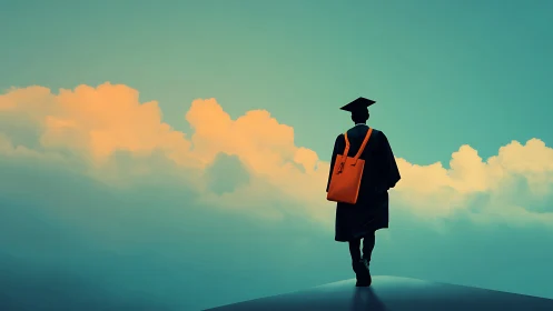 Graduate walks into glowing clouds, symbolizing hopeful futures