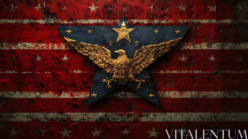 Weathered star and soaring eagle over grunge crimson stripes.